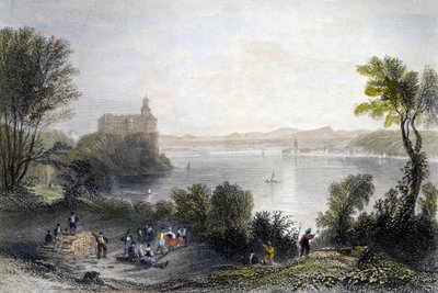 Schloss Persenberg in Deutschland. Im Vordergrund die Holzarbeiter bei der Arbeit. Gravur des 19. Jahrhunderts von Unknown artist