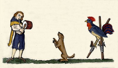 Dressierte Haustiere: ein Hund und ein Hahn tanzen auf Stelzen im Rhythmus der Trommel. Gravur aus einem Manuskript von 1344 aus der Bodleian Library in Oxford von Unknown artist