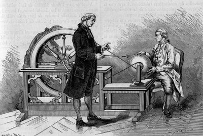 Physikexperiment im 18. Jahrhundert: Leuchten erzeugt durch eine elektrische Maschine. (Von Abbe Nollet). Gravur in „La Nature: revue des sciences et de leurs applications aux arts et a l