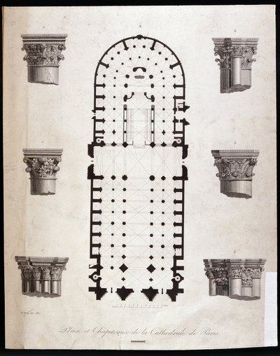 Plan und Kapitelle der Kathedrale Notre Dame in Paris. 19. Jahrhundert von Unknown artist