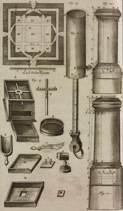 Plan eines Pulverfasses und Werkzeuge zur Vorbereitung und Lagerung von Schießpulver, Gravur aus Grand Art d