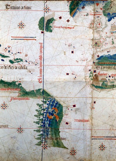 Planisphäre von Cantino: Karte von Alberto Cantino aus dem Jahr 1502, die die Grenzlinie des Vertrags von Tordesillas (1494) zwischen portugiesischem und spanischem Amerika darstellt. Biblioteca Estense, Modena von Unknown artist