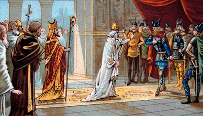 Papst Stephan II. (Stephanus) fleht Pippin den Kurzen um Hilfe gegen die Langobarden im Jahr 754 im Palast von Ponthion an von Unknown artist
