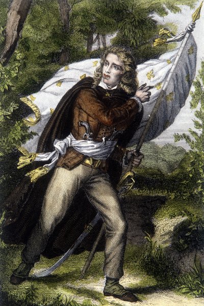 Porträt von Chef Chouan Jacques Cathelineau (1759-1793) mit der Fahne mit Lilienblumen von Unknown artist