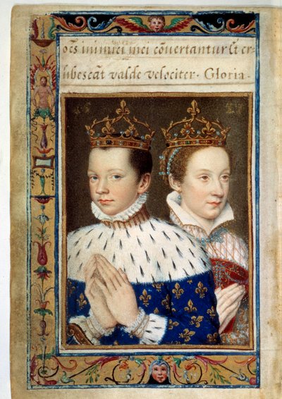 Porträt von Franz II. (1544-1560) und Maria Stuart (1542-1587) König und Königin von Frankreich. Manuskriptseite aus dem „Stundenbuch der Katharina von Medici“ (Caterina de Medici) 16. Jahrhundert Paris, B.N. von Unknown artist