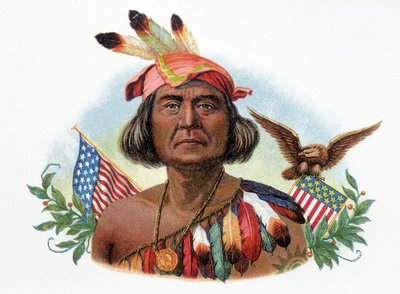 Porträt von Geronimo, Apache-Häuptling vor amerikanischen Flaggen. Chromolithographie des 19. Jahrhunderts. von Unknown artist