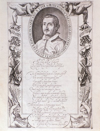 Porträt von Girolamo Frescobaldi (1583-1643) italienischer Komponist Stich aus dem Frontispiz der „Tocrate“-Partitur. 1637. Bologna, Museo civico Museo von Unknown artist