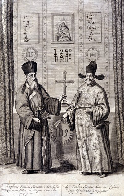 Porträt von Matteo Ricci (links), italienischer Jesuit und Paul Ly, großer Verbreiter des christlichen Glaubens in China, Gravur aus „De China monumenta“ von Athanasius Kircher (1601 - 1680), Jesuit, Orientalist und deutscher Gelehrter, Amsterdam 1667. von Unknown artist