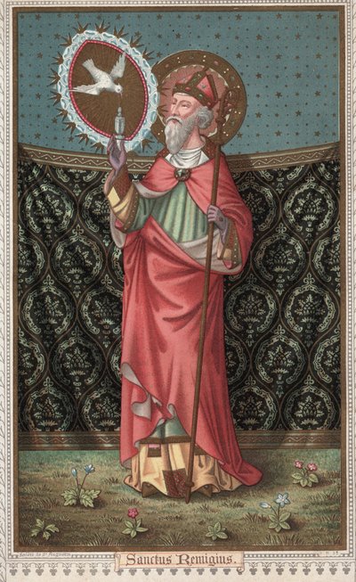 Porträt von Saint Remi (437-533) Besuch der Taube des Heiligen Geistes. Chromolithographie aus dem späten 19. Jahrhundert. von Unknown artist