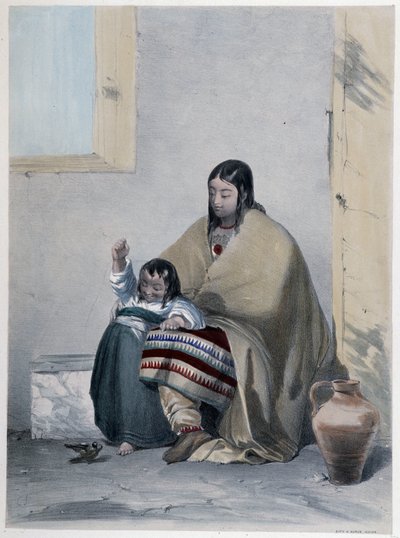 Porträt eines Huronen, Indianer von Kanada, mit seinem Kind - in „Shyth
