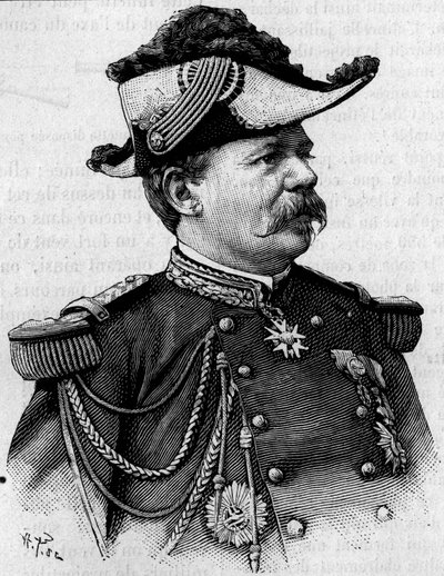 Porträt des französischen Generals François Perrier (1833-1888). Gravur in „La Nature: revue des sciences et de leurs applications aux arts et à l
