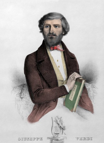Porträt des italienischen Komponisten Giuseppe Verdi mit der Partitur von „I Due Foscari“. Gravur von 1844. von Unknown artist