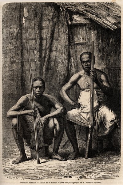 Porträt von zwei Bakali-Kriegern. Zeichnung von H. Castelli, zur Illustration der Reise nach Gabun in den Jahren 1861-1864 von Dr. Griffon du Bellay. Gravur in „Le tour du monde“, herausgegeben von Edouard Charton von Unknown artist