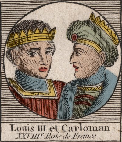 Porträts von Ludwig III. (863/65-882), König der Franken zwischen 879 und 882, und Karlmann II. (866-884), König der Franken von 879 bis 884 - Gravur aus „Anleitung zur Geschichte Frankreichs“ von Charles Constant Le Tellier 1821 von Unknown artist