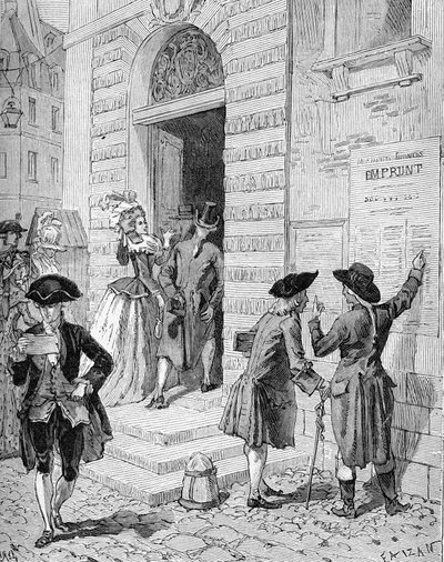 Plakat, das vom Minister und Generalfinanzkontrolleur Charles Alexandre de Calonne (1734-1802) angebracht wurde und zu einem Darlehen ermutigt. Gravur des 19. Jahrhunderts. In „Histoire de France“ von Jules Michelet von Unknown artist