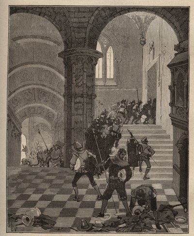 Töpferei: Zerstörung der „Henri II“-Fabrik während der Plünderung des Schlosses von Oiron (Deux Sevres) im Jahr 1568 während der Liga. Gravur von 1885 in „Les arts et metiers illustres“ von Adolphe BITARD von Unknown artist