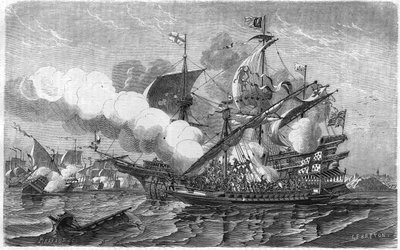 Pregent griff die englische Flotte an, kommandiert von Admiral Edouard Howart, April 1513. Gravur aus dem 19. Jahrhundert. von Unknown artist