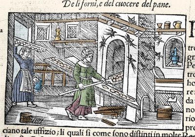 Vorbereitung und Backen von Brot in einem Ofen. Gravur von Olaus Magnus (1490-1557), schwedischer Geistlicher und Geograph, „Historia de Gentis Septentrionalibus“, Venedig von Unknown artist