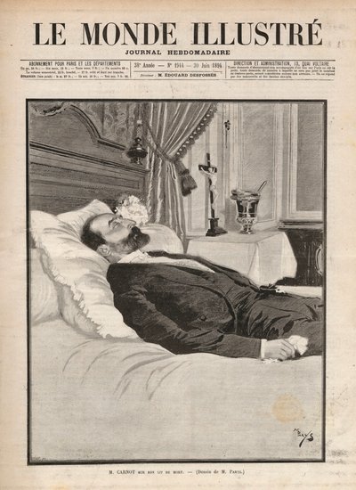 Präsident der Republik Sadi Carnot (1837-1894) auf seinem Sterbebett, ermordet am 24. Juni auf der Ausstellung in Lyon durch Sante Caserio (1873-1894). Gravur in „Le monde illustré“ von Unknown artist