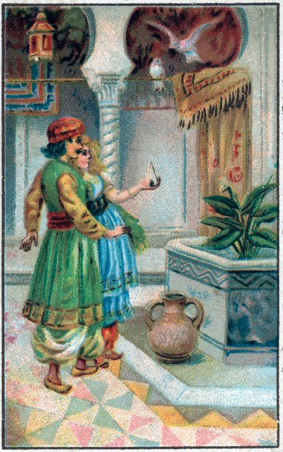 Prinz Ahmed mit der Fee. Geschichte von Prinz Ahmed und der Fee Paris-Banou. Geschichte aus 1001 Nacht. Chromolithographie aus dem späten 19. Jahrhundert. von Unknown artist
