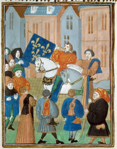 Proklamation des Friedens in Reims am 2. Oktober 1435 nach der Unterzeichnung des Vertrags von Arras zwischen König Karl VII. und dem Herzog von Burgund Philipp III. dem Guten, der den Bürgerkrieg zwischen den Armagnacs und den Burgundern beendete. Miniatu von Unknown artist