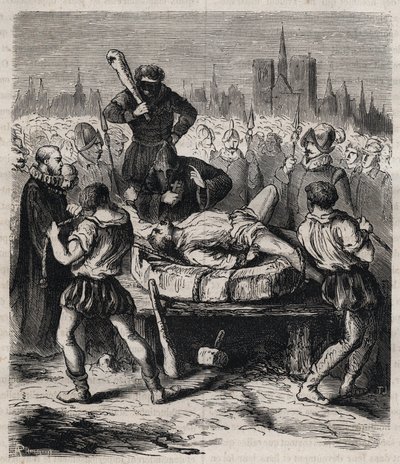 Bestrafung von Francois Ravaillac (1578-1610), Mörder von König Heinrich IV. (1553-1610) auf dem Place de Grève in Paris im Jahr 1610 - Kupferstich von 1879 in „Histoire des sociétés secrètes, politiques et religieuses“ von Pierre Zaccone (1817-1895) von Unknown artist