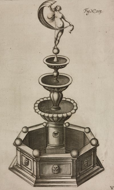 Pyrotechnischer Brunnen, der ein Feuerwerkssystem verbirgt, Gravur aus Grand Art d