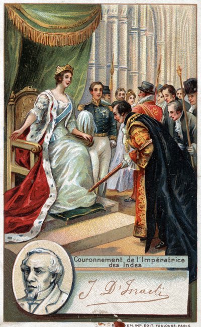 Königin von England Victoria zur Kaiserin von Indien gekrönt 1877 mit Unterstützung von Benjamin Disraeli (1804-1881) britischer Schriftsteller und Politiker. Chromolithographie des 19. Jahrhunderts von Unknown artist