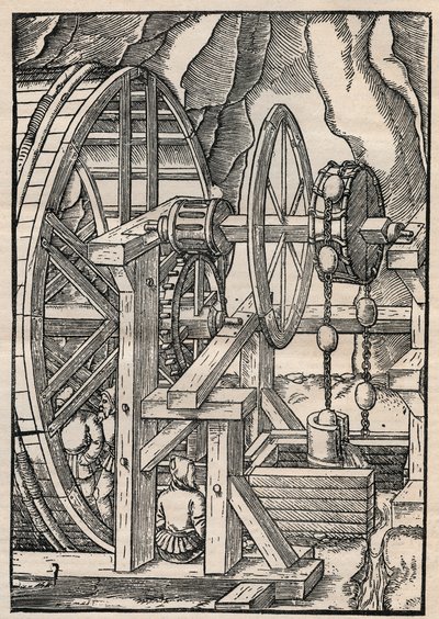 Lumpen- und Kettenpumpe zum Entwässern einer Mine, betrieben von Männern im Tretmühlenbetrieb. Aus Agricola (Georg Bauer) De re metallica, Basel von Unknown artist