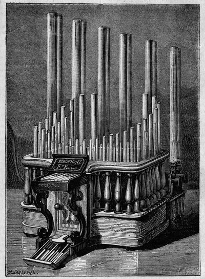 Seltene oder imaginäre Instrumente: Das Pyrophon oder „singende Flammen“ von Frédéric Kastner (Instrument, das durch Gasstrahlen Flammen erzeugt) von Unknown artist