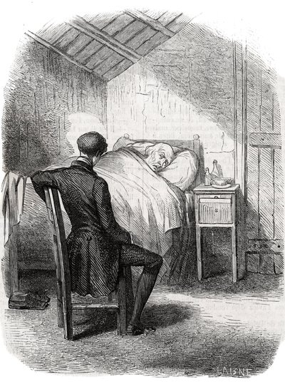 Rastignac blieb allein beim alten Mann, der am Fuß des Bettes saß... Gravur Mitte des 19. Jahrhunderts. Illustration für „Vater Goriot“ von Honoré de Balzac (1799-1850). von Unknown artist