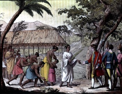 Empfang des Navigators Samuel Wallis durch Königin Oberea in Tahiti. „Navigations of Cook“, Mailand von Unknown artist