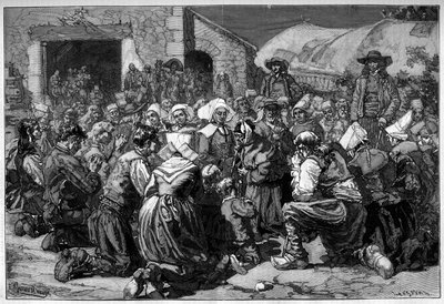 Regionale Sitte Frankreichs, bretonische Hochzeit: Bettler beten für die Ehepartner. Gravur in „Le Monde Illustré“ von Unknown artist