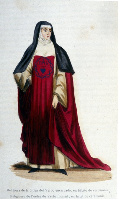 Religiöser des Ordens des fleischgewordenen Wortes in zeremonieller Kleidung. Gravur aus einem Album über religiöse Orden, Paris von Unknown artist