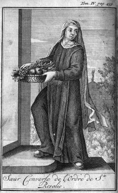 Religiöser Orden. Schwestern des Ordens der heiligen Rosalia in Palermo auf Sizilien im 17. Jahrhundert. In „Geschichte der militärischen Orden oder Ritter, der sicheren und routinemäßigen Milizen beider Geschlechter, die bisher gegründet wurden. Ausgabe v von Unknown artist