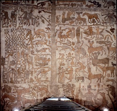 Darstellung von Alexander dem Großen (356-323 v. Chr.), König von Makedonien und Eroberer von Persien, umgeben von indischer Fauna während der Eroberung Indiens und der hellenistischen Flut rechts, links der Bau des Turms von Babel von Unknown artist