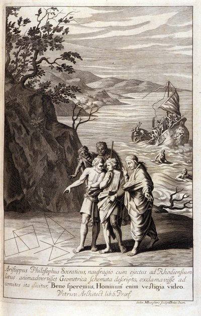 Darstellung von Aristippos von Kyrene (435-356 v. Chr.), griechischer Philosoph und Schüler von Sokrates, nach dem Schiffbruch, der ihn an die Küste von Rhodos warf, entdeckt er geometrische Spuren im Sand. Gravur aus Buch XV von Euklids „Elemente“. 1591 von Unknown artist
