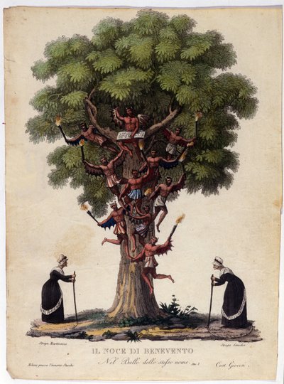 Darstellung der Benevent-Walnuss, Hexen und Dämonen der Legende, die das Ballett „Il noce di Benevento“ von Franz Xaver Sussmayr inspirierte. Illustration aus dem 19. Jahrhundert von Unknown artist