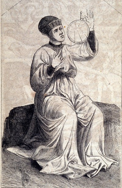 Darstellung eines Astrologen, der im 15. Jahrhundert ein Astrolabium benutzt. Gravur aus „De machinis Bellicis“ (Belagerungsmaschinen) von Unknown artist