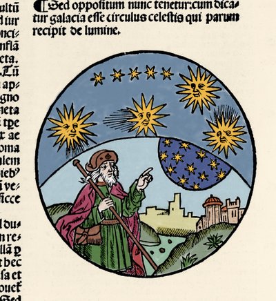 Darstellung des griechischen Philosophen Aristoteles (384-322 v. Chr.), der auf die Sterne zeigt. Gravur aus „Textus abbreviatus Aristotelis super octo liris Phisicorum & tota naturalis philosophia“ von Thomas Bricot (gest. 1516). 1496 von Unknown artist
