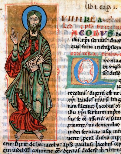 Darstellung des Apostels Jakobus des Älteren. Miniatur aus „Codex Calixtinus“ (Buch des heiligen Jakobus), um 1140. Fol. 4. Archive der Kathedrale von Santiago de Compostela, Spanien von Unknown artist