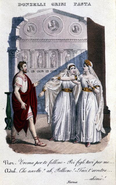 Darstellung der Interpreten der ersten Aufführung von „La Norma“ von Vincenzo Bellini (1801 - 1835): von links nach rechts Domenico Donzelli (Pollione), Giuditta Grisi (Adalgisa) und Giuditta Pasta (Norma). 1833 von Unknown artist