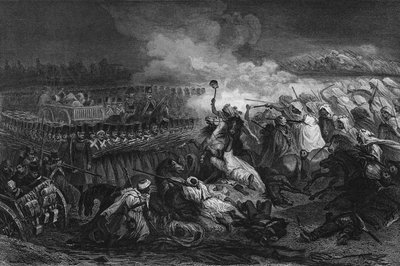 Rückzug der Araber vor dem von der französischen Armee gebildeten Viereck in Constantine 1837. In „Algerie ancienne et moderne“ von Leon Galibert von Unknown artist
