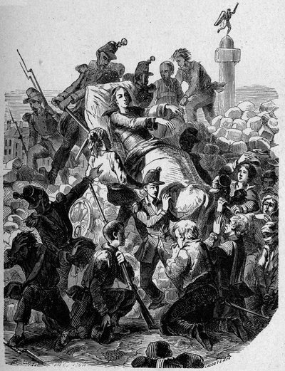 Revolution 1848: „Der Erzbischof Denis Affre (1793-1848) wird verwundet und auf einer Trage getragen im Jahr 1848.“ von Unknown artist