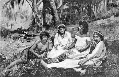 Robert Louis Stevenson (1850-1894) mit seiner Frau in Samoa, wo er seinen Wohnsitz hatte. Veröffentlicht in Vailima. Gravur um 1890-1895 von Unknown artist