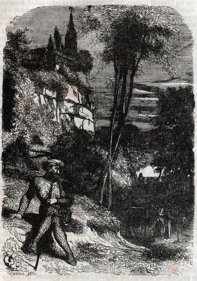 Rodomont, Isabella und der alte Einsiedler - Gravur von 1851 aus „Furious Roland“ (Orlando furioso) (16. Jahrhundert) von Ludovico Ariosto, bekannt als Ariosto - Ausgabe übersetzt aus dem Italienischen von Graf von Tressan und veröffentlicht von Gustave Ha von Unknown artist