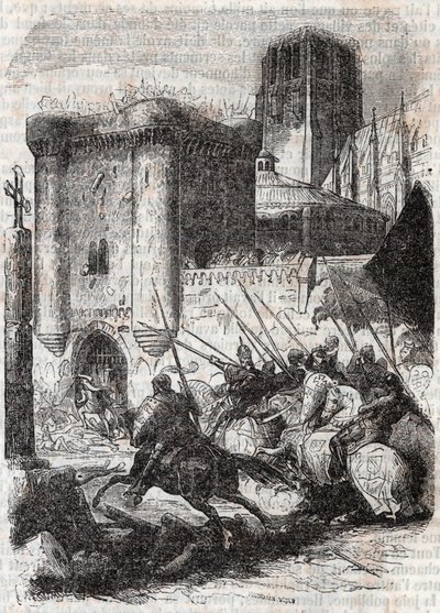 Rodomont bricht die Türen des Palais in Paris - Gravur von 1851 aus „Roland furieux“ (Orlando furioso) (16. Jahrhundert) von Ludovico Ariosto, bekannt als Ariosto - Ausgabe übersetzt aus dem Italienischen von Graf von Tressan und veröffentlicht von Gustave von Unknown artist