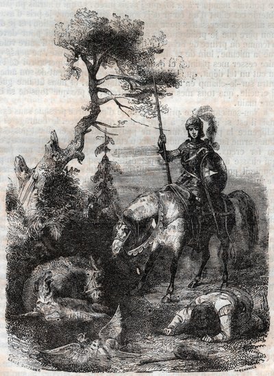 Roger (Ruggero, Ruggiero) benutzt den verzauberten Schild - Gravur von 1851 aus „Roland der Rasende“ (Orlando furioso) (16. Jahrhundert) von Ludovico Ariosto, bekannt als der Ariosta - Ausgabe, übersetzt aus dem Italienischen von Graf von Tressan und veröf von Unknown artist