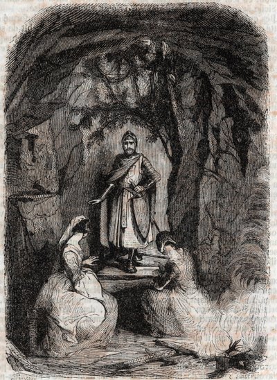 Roland sieht Isabelle in einer Höhle - Gravur von 1851 aus „Furioser Roland“ (Orlando furioso) (16. Jahrhundert) von Ludovico Ariosto, bekannt als der Ariosta - Ausgabe übersetzt aus dem Italienischen von Graf von Tressan und veröffentlicht von Gustave Har von Unknown artist