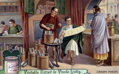 Römischer Buchhändler. Chromolithographie, Liebig-Bild. von Unknown artist